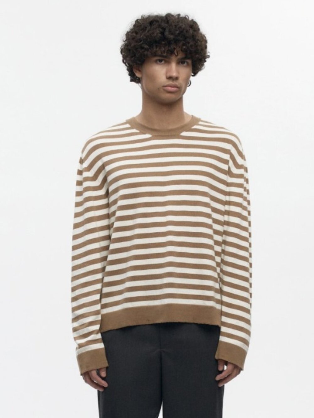 KOTN Men's Lightweight Crewneck Sweater in Otter/Marshmellow Stripe